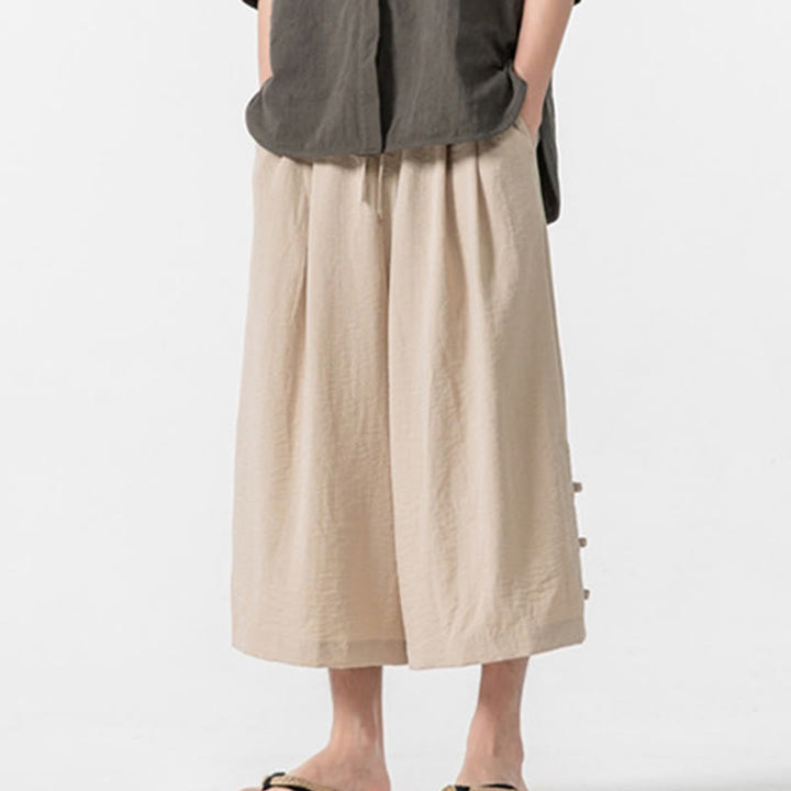 Buddha Stonesカジュアル ルーズ フロッグボタン 無地 メンズ コットン 7-8丈 ワイドレッグパンツ ポケット付き - パパイヤホイップ - US/UK/AU46、 EU56 (5XL) - image 0