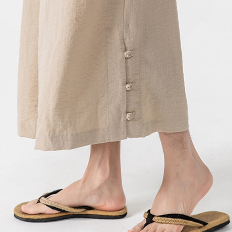 Buddha Stonesカジュアル ルーズ フロッグボタン 無地 メンズ コットン 7-8丈 ワイドレッグパンツ ポケット付き - image 7