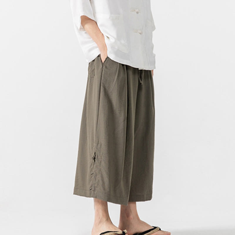 Buddha Stonesカジュアル ルーズ フロッグボタン 無地 メンズ コットン 7-8丈 ワイドレッグパンツ ポケット付き - image 26