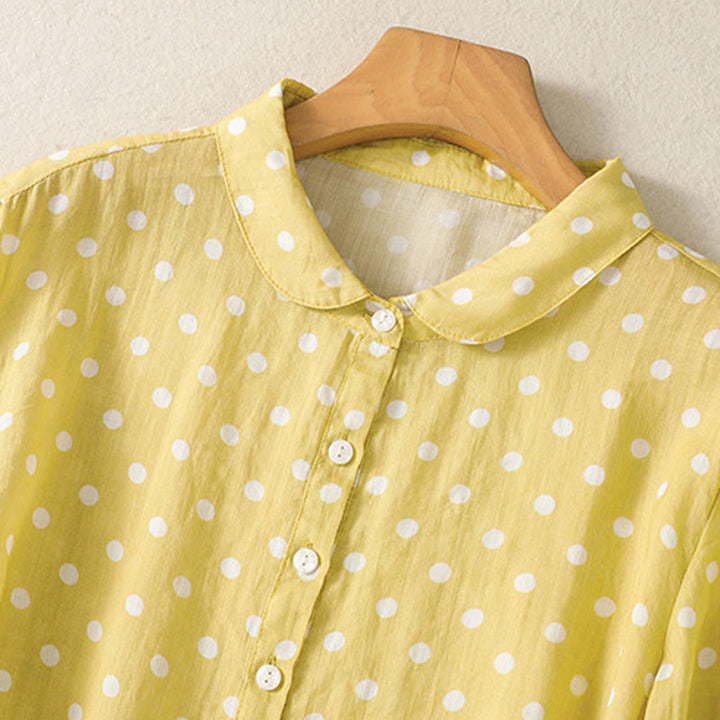 Buddha Stones春 ドット柄 ボタン スタンドカラー ポリエステル ミディドレス ポケット付き - image 3