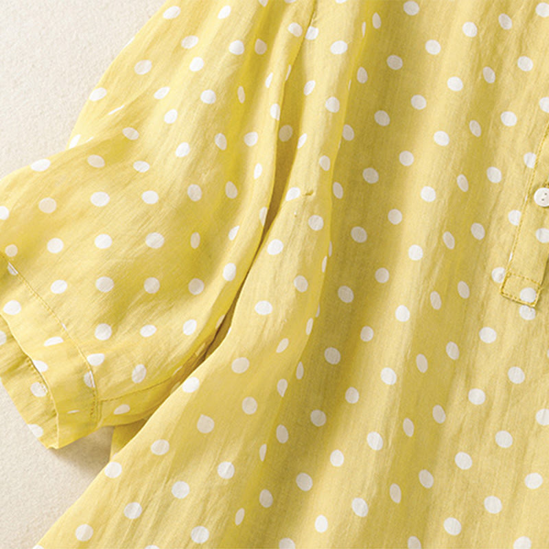 Buddha Stones春 ドット柄 ボタン スタンドカラー ポリエステル ミディドレス ポケット付き - image 5