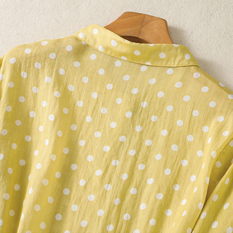 Buddha Stones春 ドット柄 ボタン スタンドカラー ポリエステル ミディドレス ポケット付き - image 4