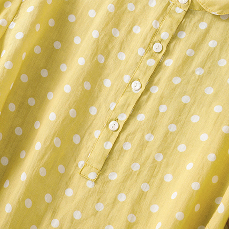 Buddha Stones春 ドット柄 ボタン スタンドカラー ポリエステル ミディドレス ポケット付き - image 2