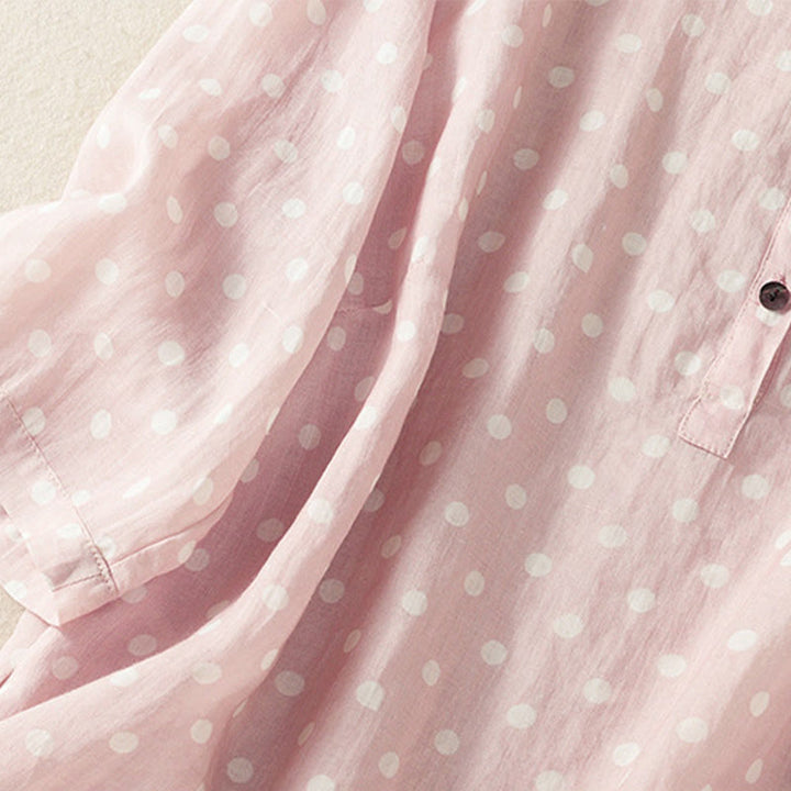 Buddha Stones春 ドット柄 ボタン スタンドカラー ポリエステル ミディドレス ポケット付き - image 15