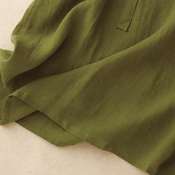 Buddha Stones春 無地 クルーネック レースアップ ハーフスリーブ コットンリネン ミディドレス - image 10