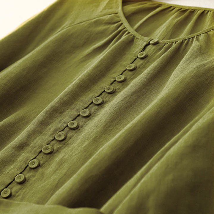 Buddha Stones春 無地 クルーネック レースアップ ハーフスリーブ コットンリネン ミディドレス - image 4