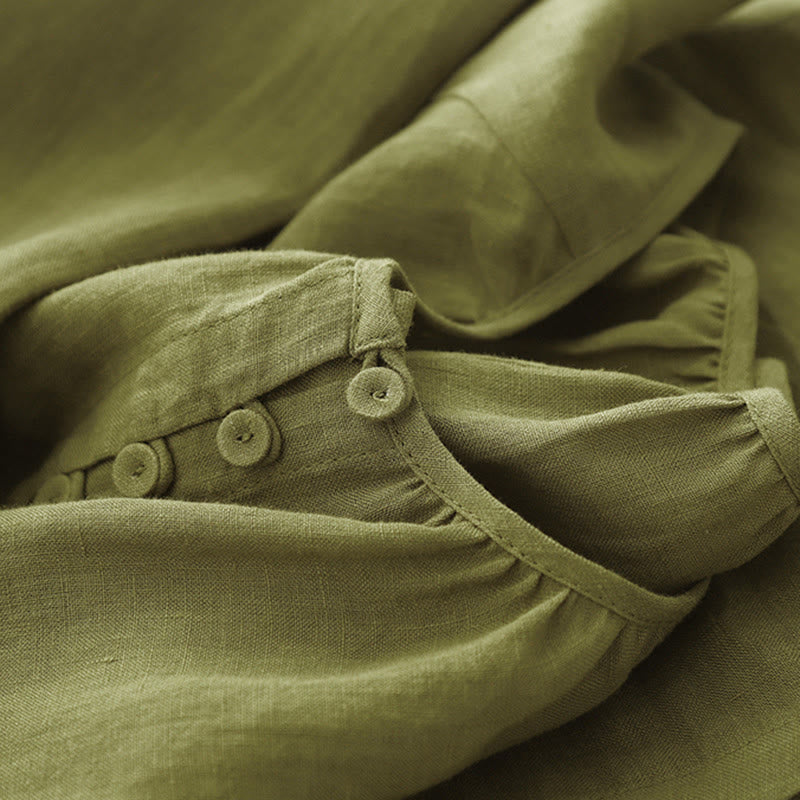 Buddha Stones春 無地 クルーネック レースアップ ハーフスリーブ コットンリネン ミディドレス - image 7