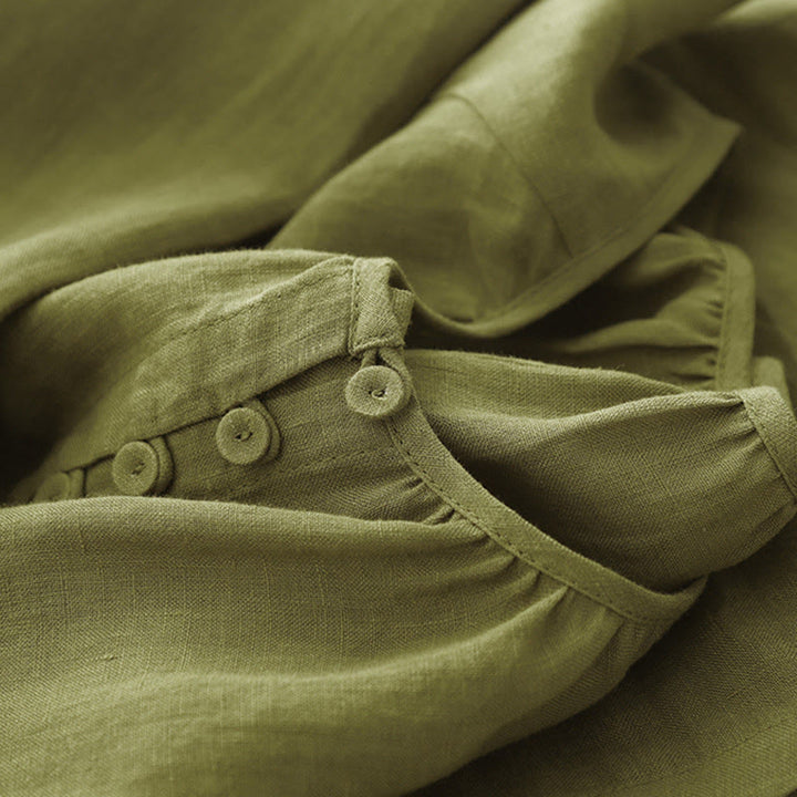 Buddha Stones春 無地 クルーネック レースアップ ハーフスリーブ コットンリネン ミディドレス - image 7