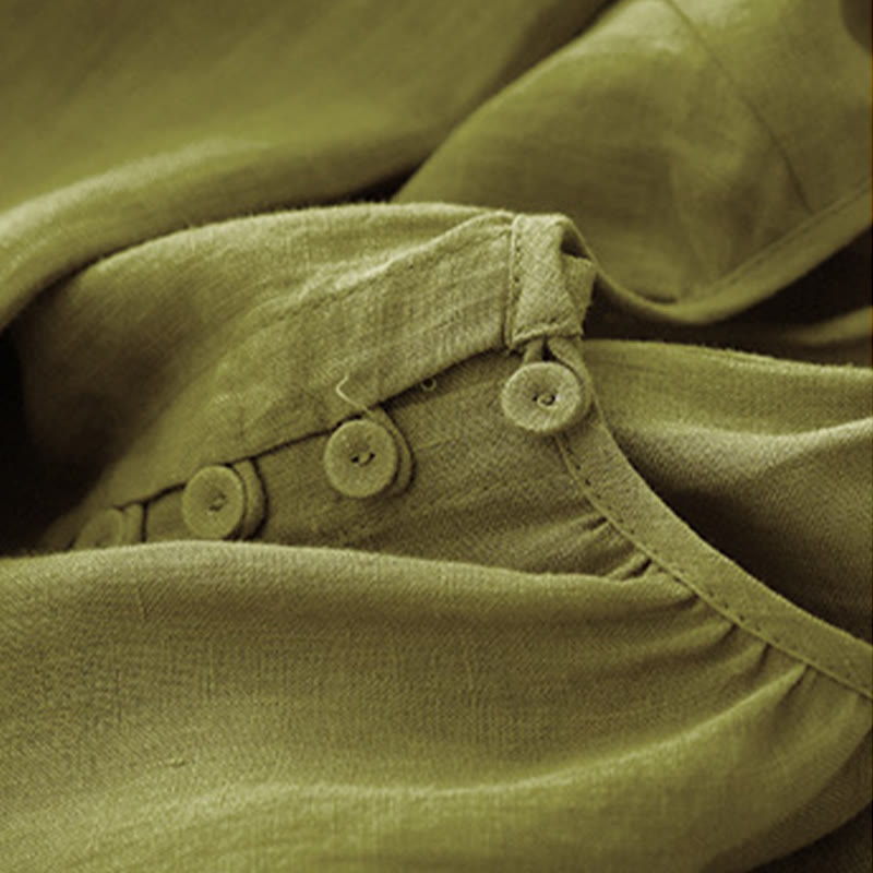 Buddha Stones春 無地 クルーネック レースアップ ハーフスリーブ コットンリネン ミディドレス - image 9