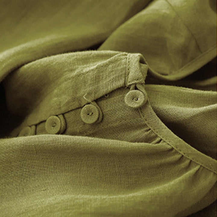 Buddha Stones春 無地 クルーネック レースアップ ハーフスリーブ コットンリネン ミディドレス - image 9