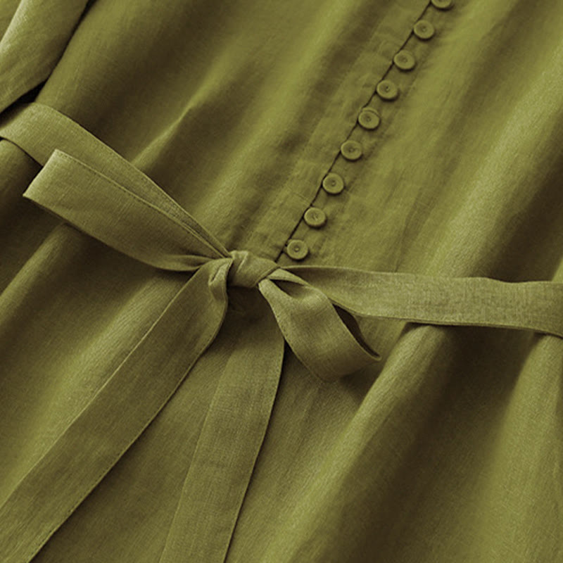 Buddha Stones春 無地 クルーネック レースアップ ハーフスリーブ コットンリネン ミディドレス - image 5