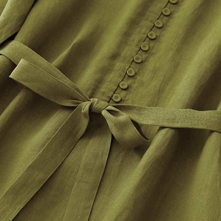 Buddha Stones春 無地 クルーネック レースアップ ハーフスリーブ コットンリネン ミディドレス - image 5