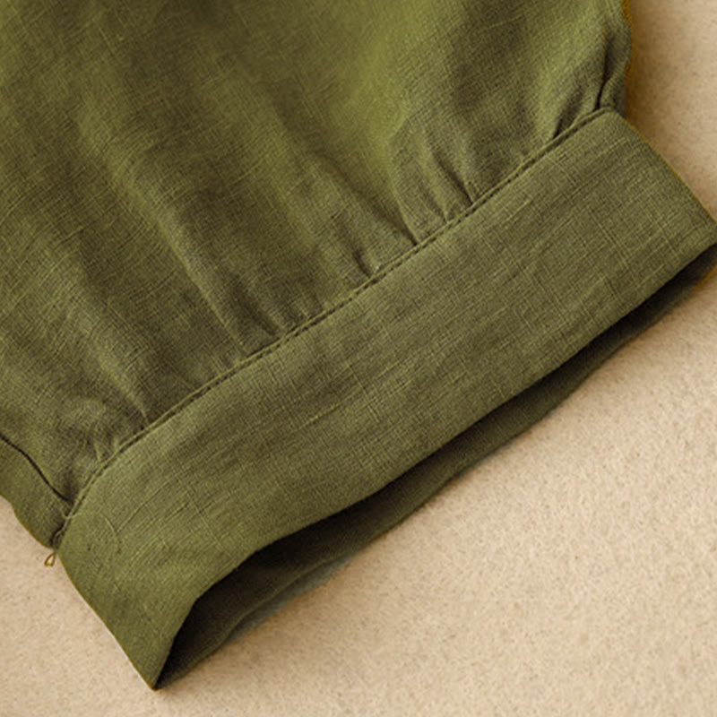 Buddha Stones春 無地 クルーネック レースアップ ハーフスリーブ コットンリネン ミディドレス - image 6