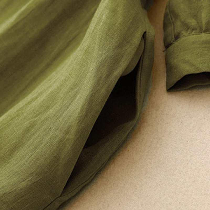 Buddha Stones春 無地 クルーネック レースアップ ハーフスリーブ コットンリネン ミディドレス - image 11