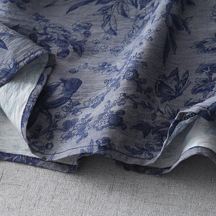 Buddha Stonesフラワーリーフプリントフロッグボタンハーフスリーブマンダリンカラーコットンミディドレス - image 2