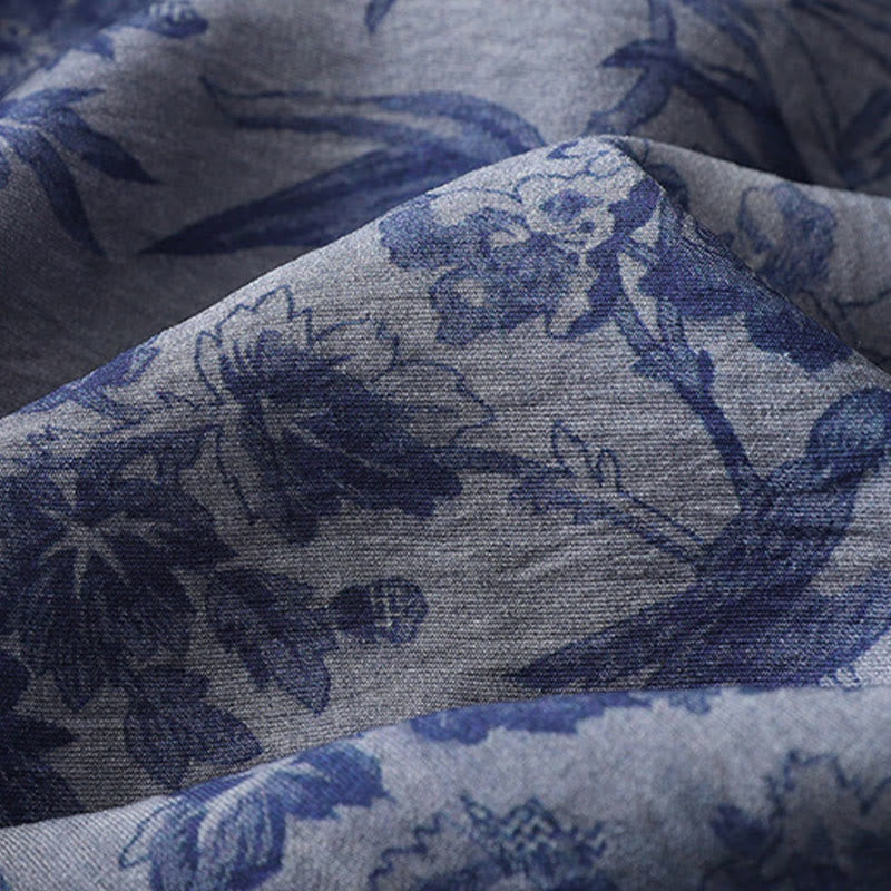 Buddha Stonesフラワーリーフプリントフロッグボタンハーフスリーブマンダリンカラーコットンミディドレス - image 6