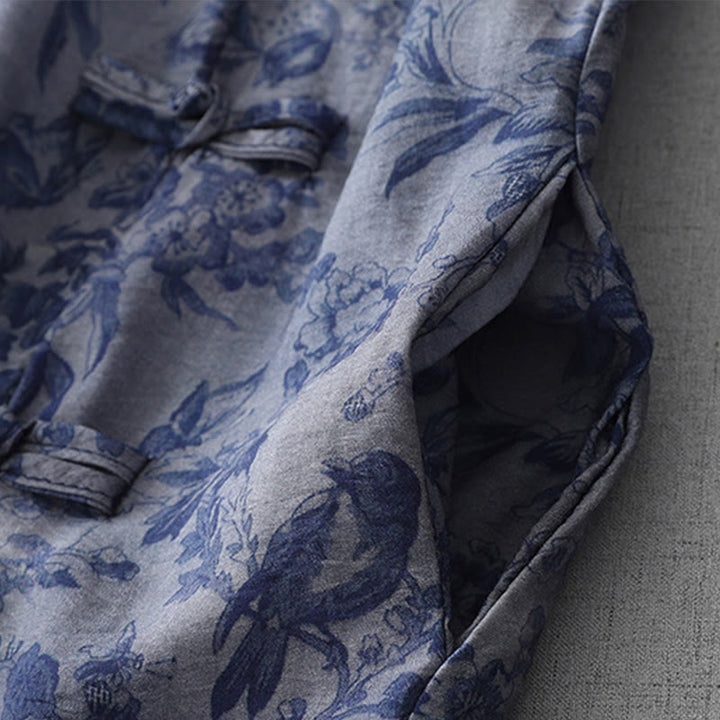 Buddha Stonesフラワーリーフプリントフロッグボタンハーフスリーブマンダリンカラーコットンミディドレス - image 4