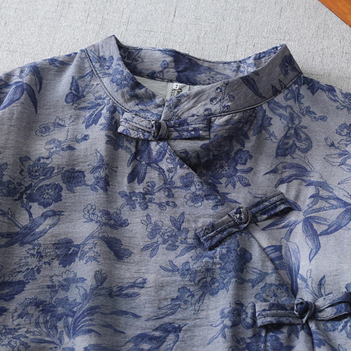 Buddha Stonesフラワーリーフプリントフロッグボタンハーフスリーブマンダリンカラーコットンミディドレス - image 3