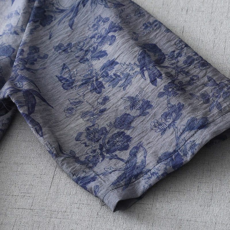 Buddha Stonesフラワーリーフプリントフロッグボタンハーフスリーブマンダリンカラーコットンミディドレス - image 10