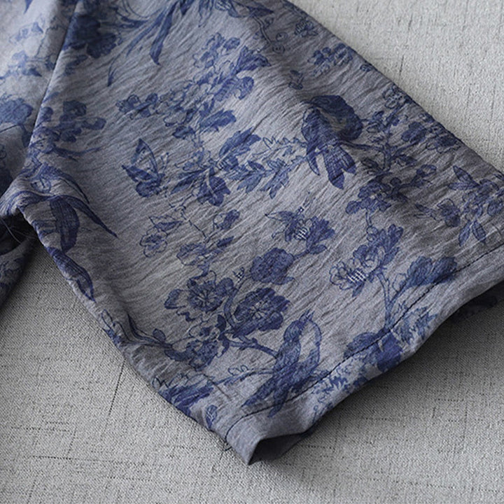 Buddha Stonesフラワーリーフプリントフロッグボタンハーフスリーブマンダリンカラーコットンミディドレス - image 10