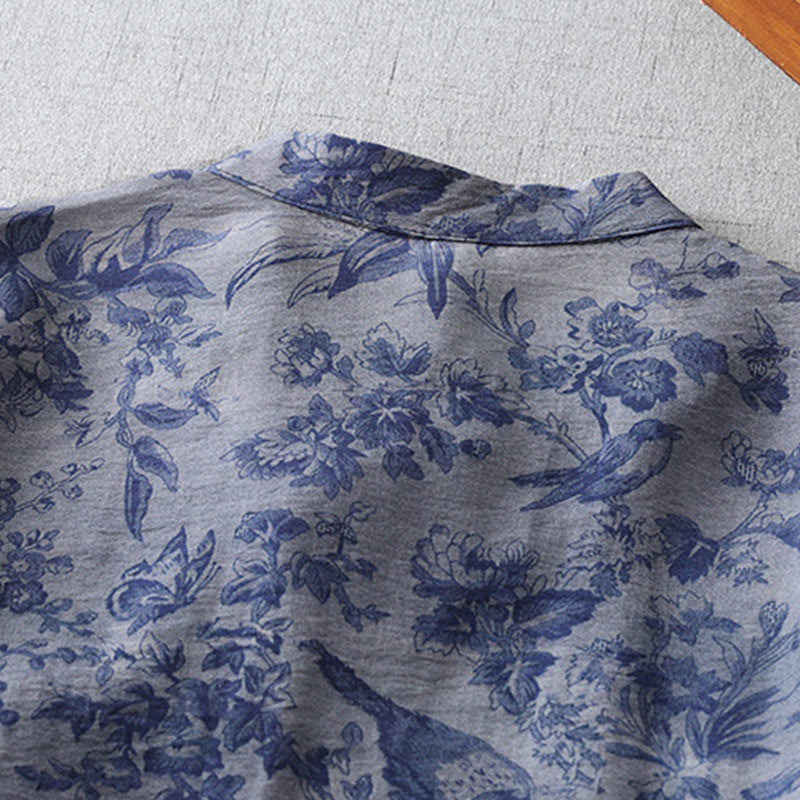 Buddha Stonesフラワーリーフプリントフロッグボタンハーフスリーブマンダリンカラーコットンミディドレス - image 5