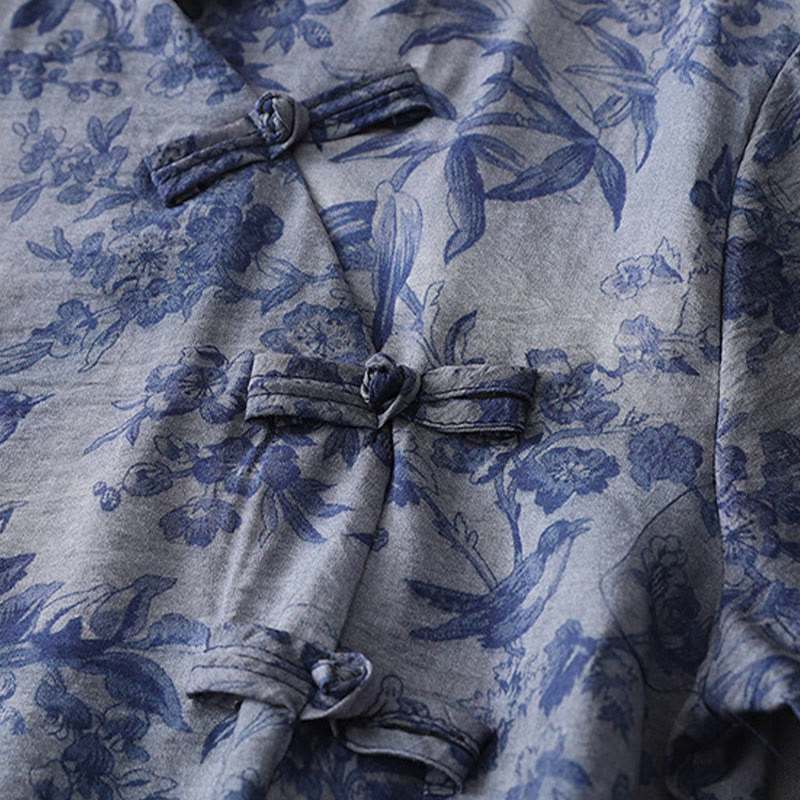 Buddha Stonesフラワーリーフプリントフロッグボタンハーフスリーブマンダリンカラーコットンミディドレス - image 9