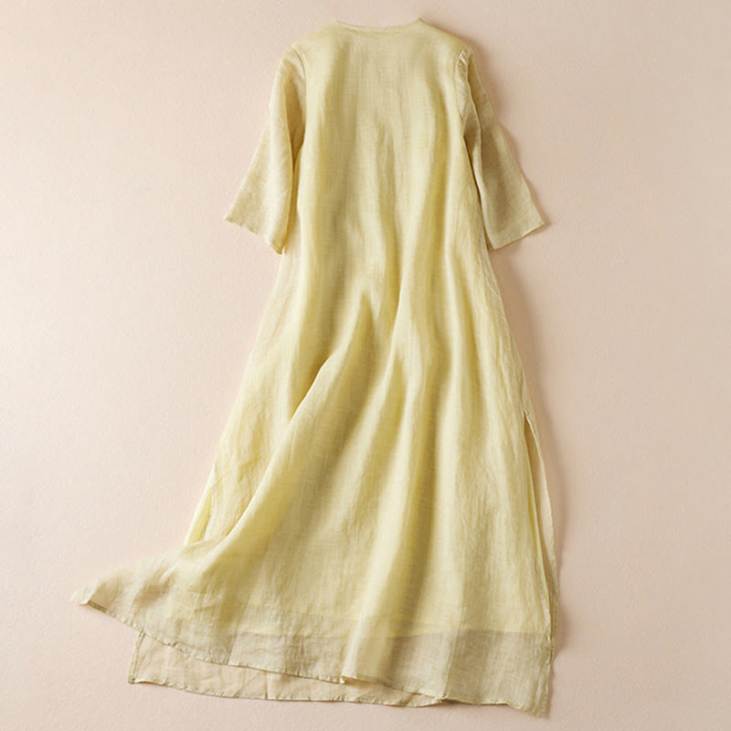 Buddha Stones刺繍リーフクルーネック半袖コットンファイバーミディドレス - image 1