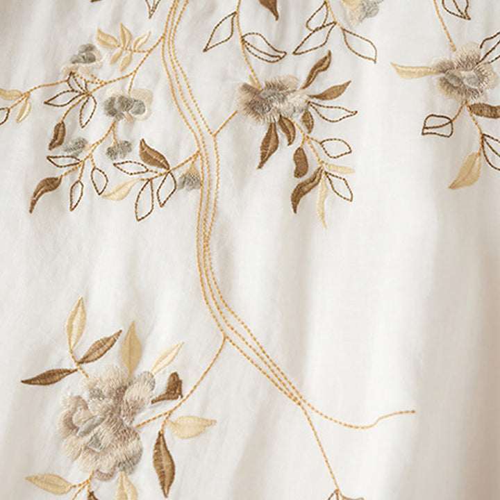 Buddha Stones刺繍リーフクルーネック半袖コットンファイバーミディドレス - image 11