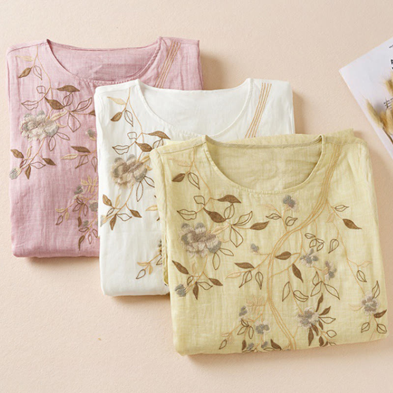 Buddha Stones刺繍リーフクルーネック半袖コットンファイバーミディドレス - image 22