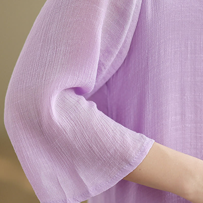 Buddha Stonesカジュアル プレーン フロッグボタン クルーネック 七分袖 コットン ミディドレス - image 11