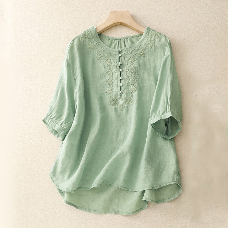 Buddha Stonesライン刺繍ボタンクルーネック半袖レディースコットンシャツ - 水色 - US14、 UK/AU18、 EU46 (2XL) - image 0