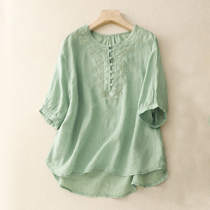 Buddha Stonesライン刺繍ボタンクルーネック半袖レディースコットンシャツ - 水色 - US14、 UK/AU18、 EU46 (2XL) - image 0