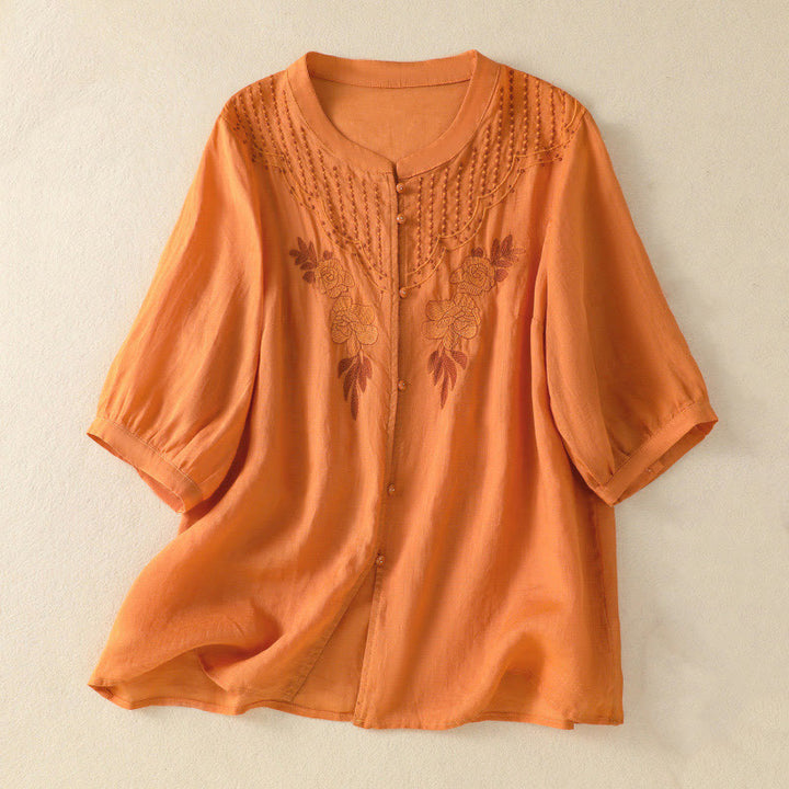 Buddha Stonesローズフローラル刺繍ボタン半袖レディースコットンシャツ - オレンジ - US14、 UK/AU18、 EU46 (2XL) - image 23