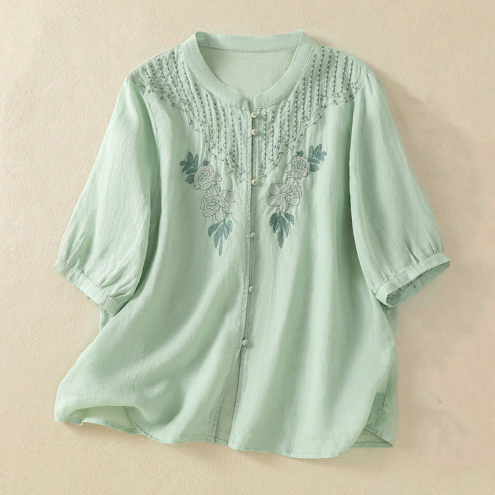 Buddha Stonesローズフローラル刺繍ボタン半袖レディースコットンシャツ - 甘露 - US14、 UK/AU18、 EU46 (2XL) - image 0