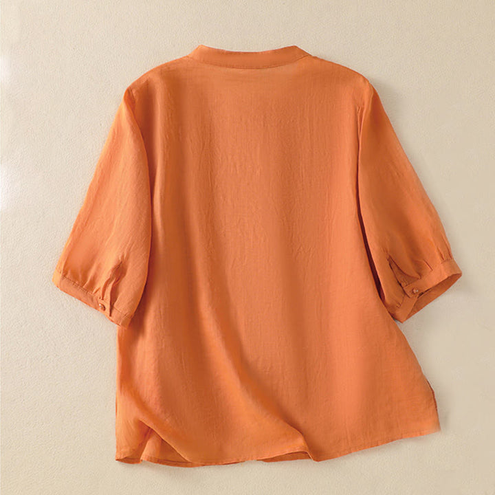 Buddha Stonesローズフローラル刺繍ボタン半袖レディースコットンシャツ - image 24