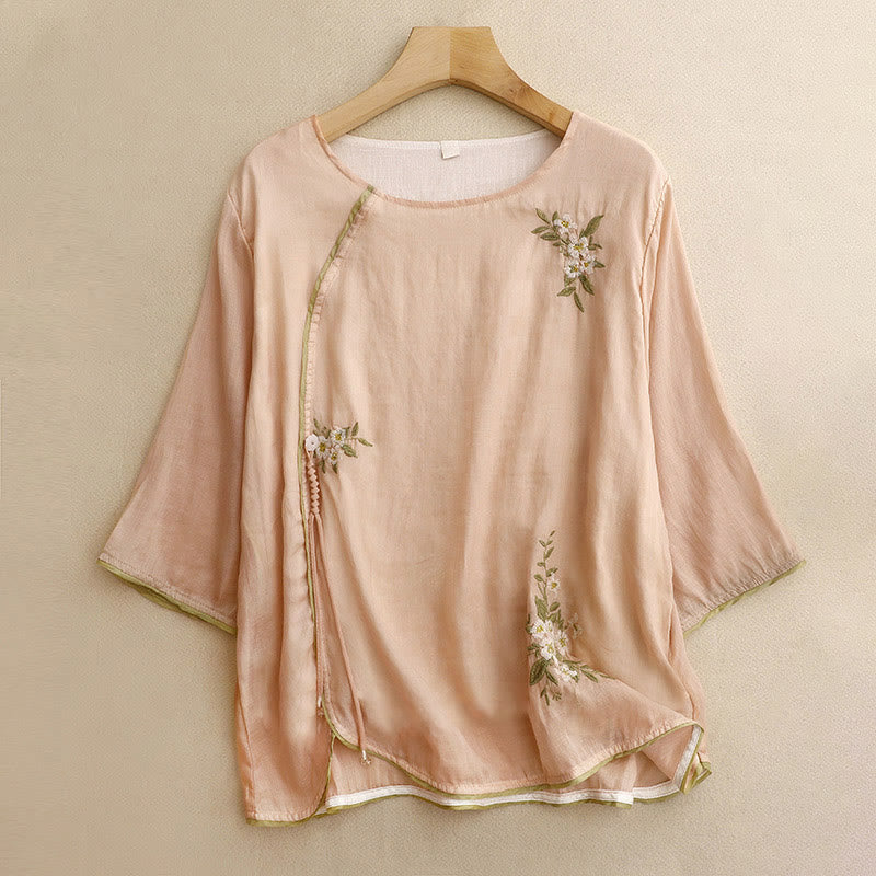 Buddha Stonesベージュ花柄グリーンリーフ刺繍クルーネック七分袖レディースシャツ - ピーチパフ - US12、 UK/AU16、 EU44 (2XL) - image 12