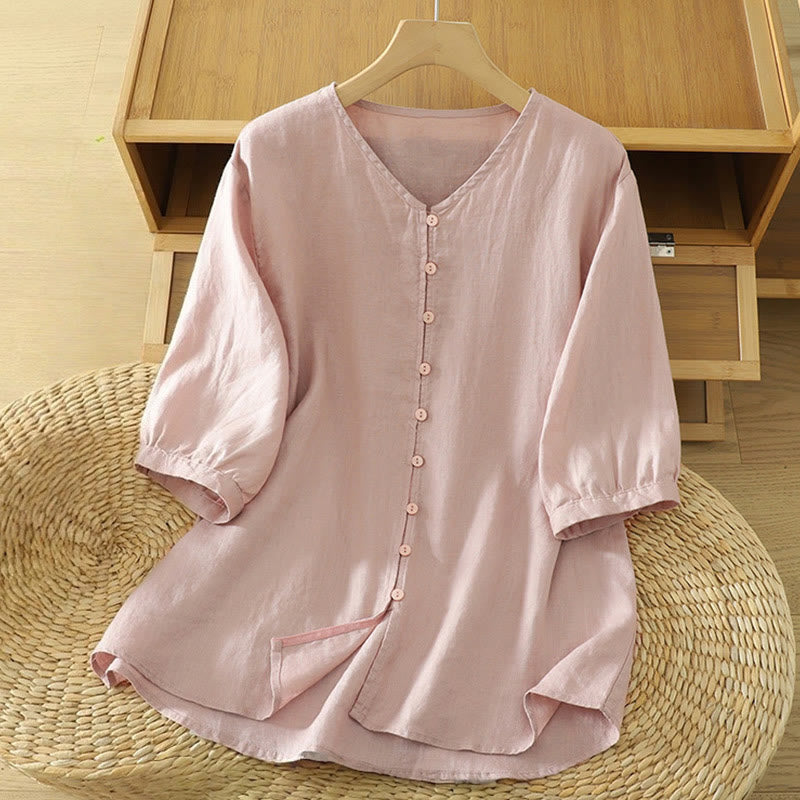 Buddha StonesソリッドボタンVネック半袖レディースシャツ - ライトピンク - US12、 UK/AU16、 EU44 (2XL) - image 0