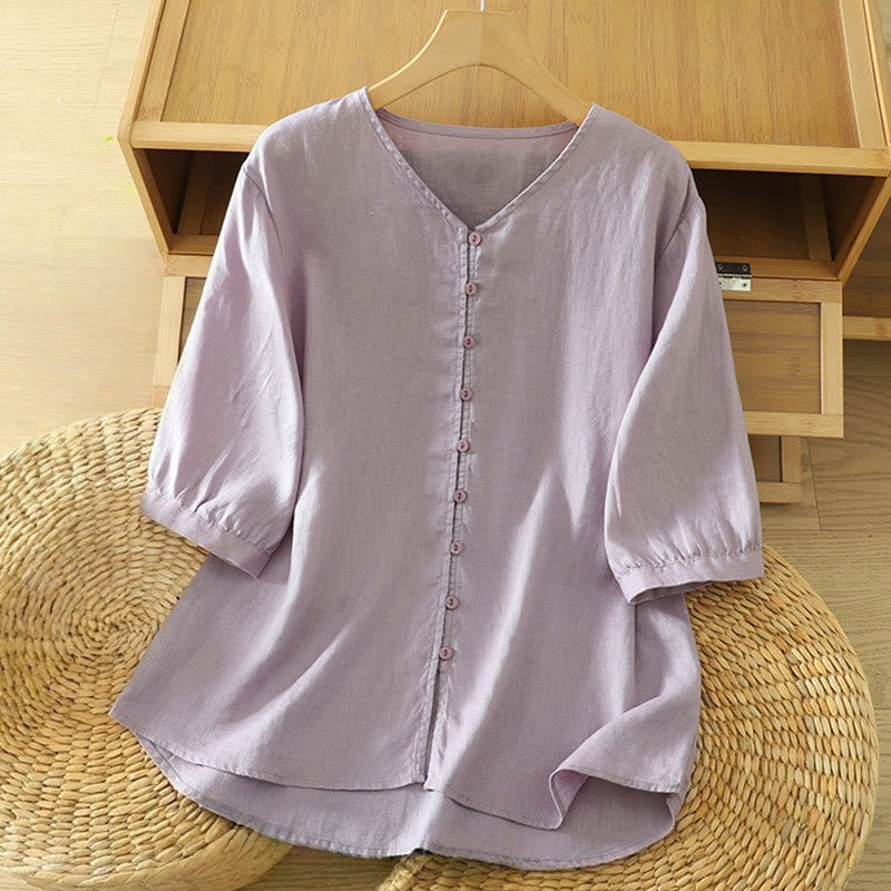 Buddha StonesソリッドボタンVネック半袖レディースシャツ - アザミ - US12、 UK/AU16、 EU44 (2XL) - image 26