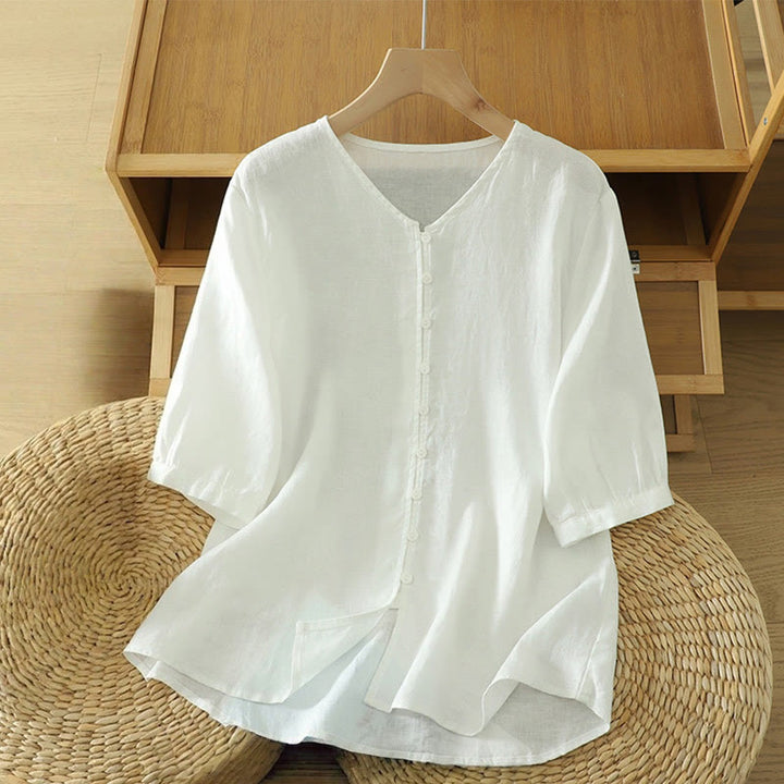 Buddha StonesソリッドボタンVネック半袖レディースシャツ - 白 - US12、 UK/AU16、 EU44 (2XL) - image 6