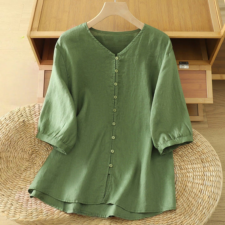 Buddha StonesソリッドボタンVネック半袖レディースシャツ - ダークシーグリーン - US12、 UK/AU16、 EU44 (2XL) - image 16