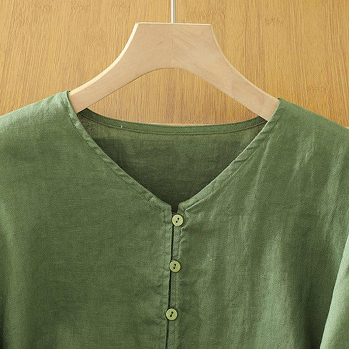 Buddha StonesソリッドボタンVネック半袖レディースシャツ - image 17