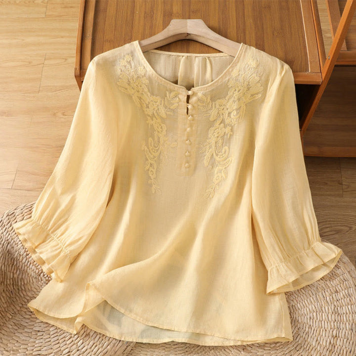 Buddha Stonesと花のつる刺繍ボタンクルーネック七分袖レディースコットンシャツ - カーキ - US12、 UK/AU16、 EU44 (2XL) - image 1