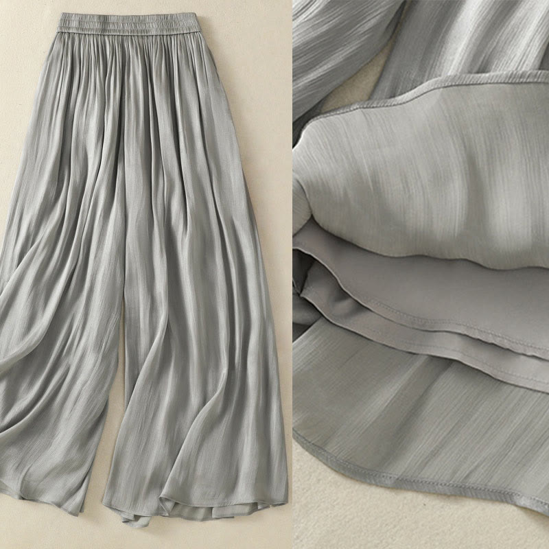 Buddha Stonesライトグレー プリーツデザイン 伸縮性ウエスト レディース ワイドレッグパンツ ポケット付き - image 4