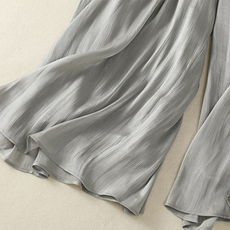 Buddha Stonesライトグレー プリーツデザイン 伸縮性ウエスト レディース ワイドレッグパンツ ポケット付き - image 12