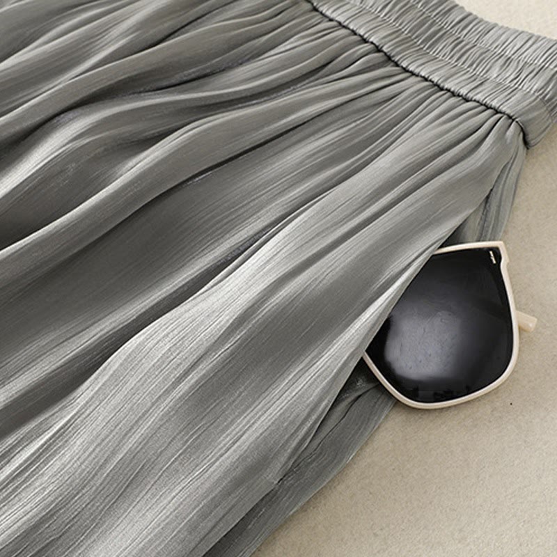 Buddha Stonesライトグレー プリーツデザイン 伸縮性ウエスト レディース ワイドレッグパンツ ポケット付き - image 9