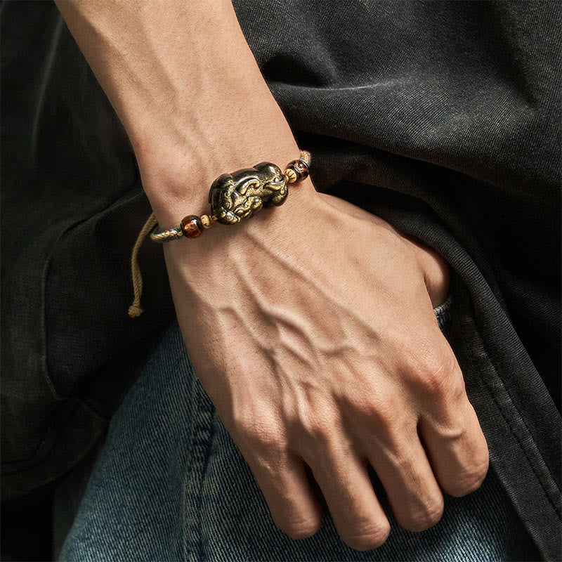 Buddha Stonesゴールド光沢黒曜石貔貅富ロープブレスレット - image 5