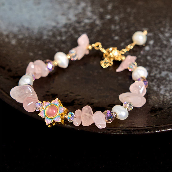 Buddha Stones天然砂利ローズクォーツフラワーパールヒーリングブレスレット