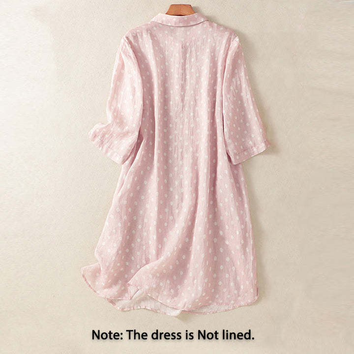 Buddha Stones春 ドット柄 ボタン スタンドカラー ポリエステル ミディドレス ポケット付き - image 9