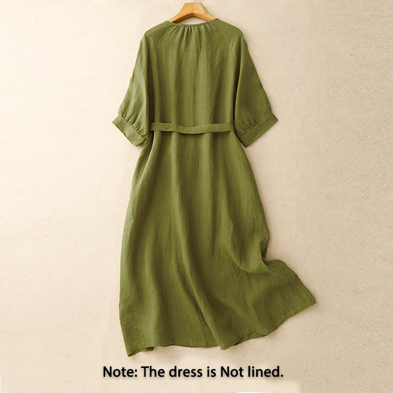 Buddha Stones春 無地 クルーネック レースアップ ハーフスリーブ コットンリネン ミディドレス - image 1