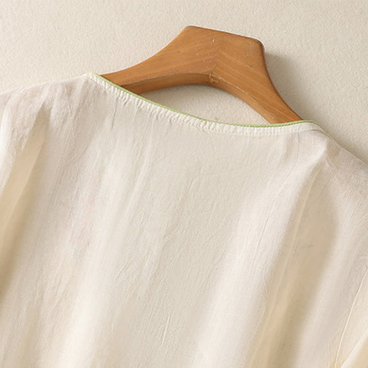 Buddha Stones刺繍フラワーヘムスリットデザイン半袖コットンリネン禅ミディドレス - image 9